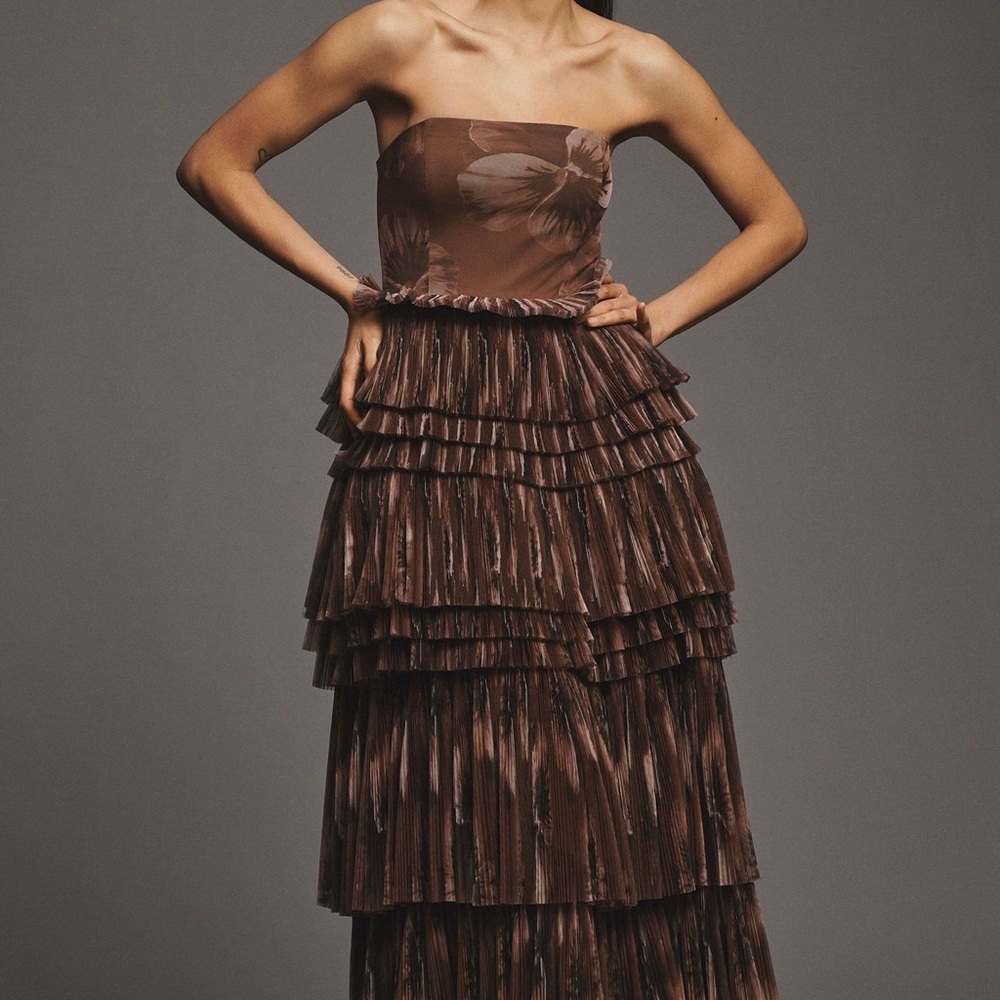 Hutch Brown Floral Strapless Tiered Ruffle Maxi Dress